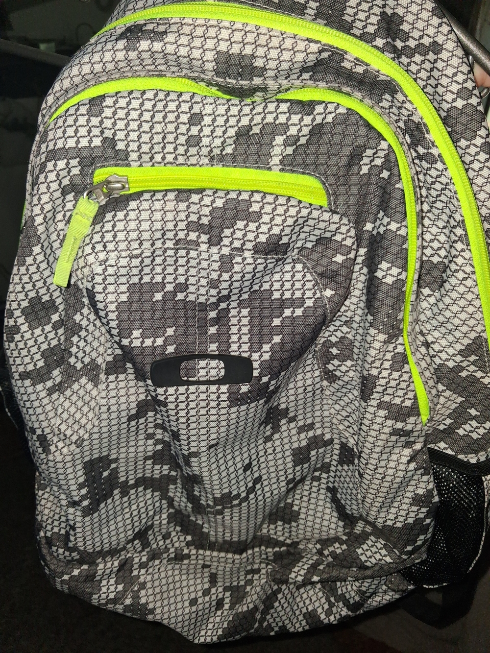 Oakley Gray Patterned Backpack with Neon Yellow Accents